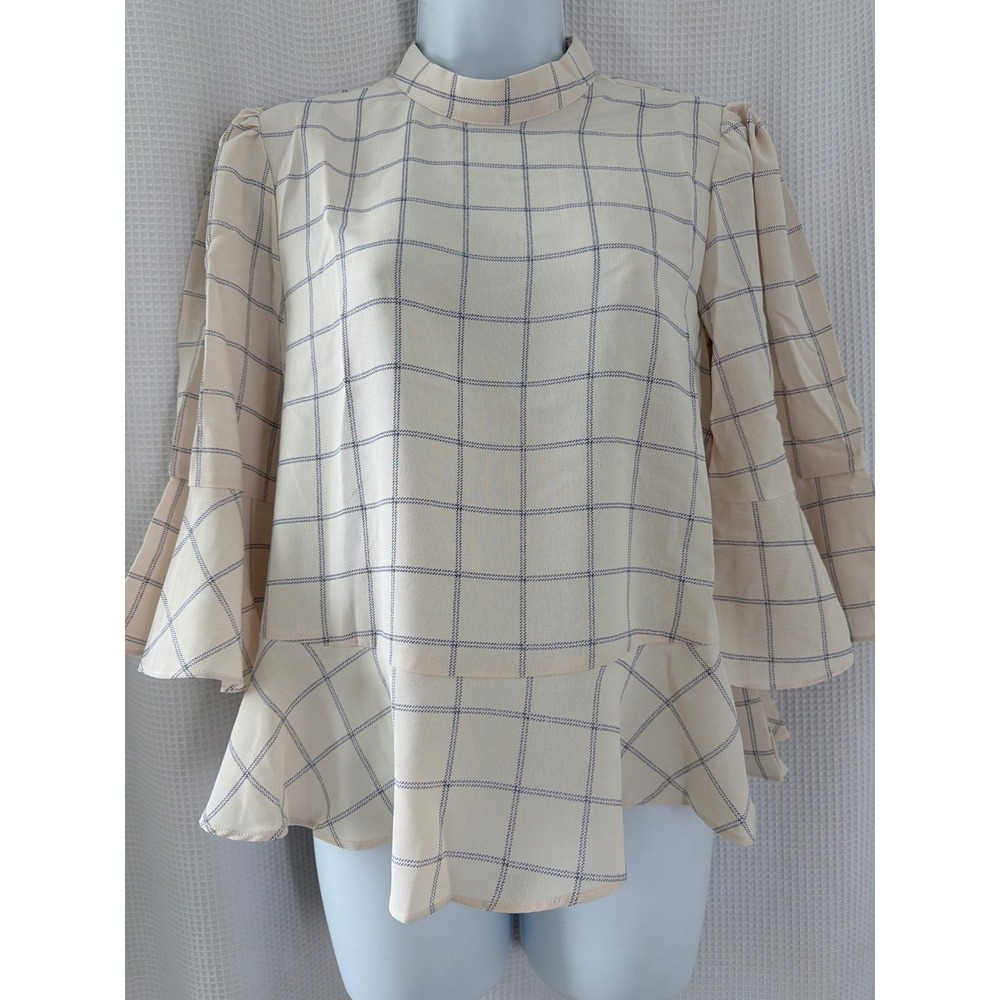 English Factory Windowpane Check Peplum Blouse Cream Navy Tiered Bell Sleeve XS